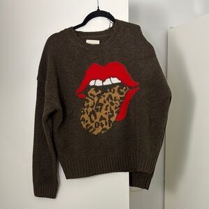 Brown Sweater with Red and Leopard Print Design
